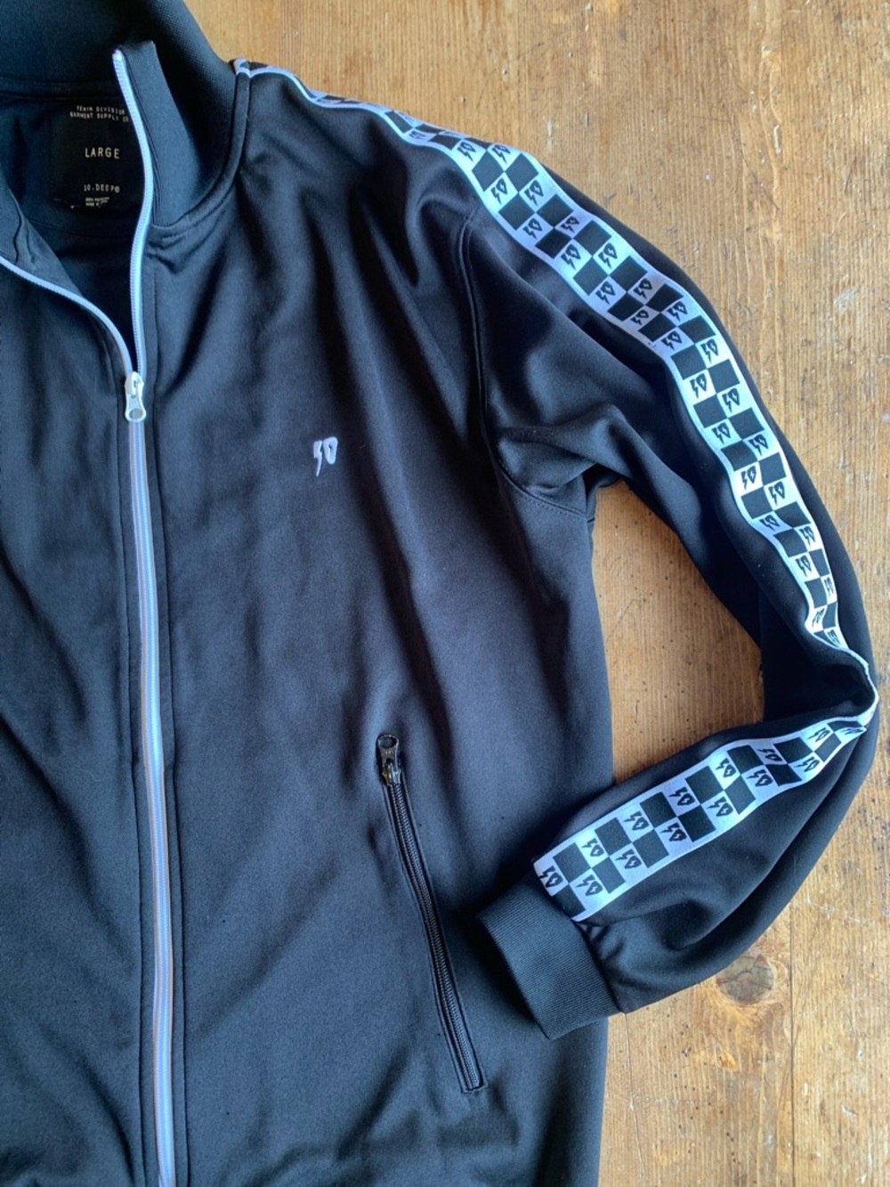 10.Deep Black Track Bomber Jacket with White Accent Tape - Picture 5 of 16